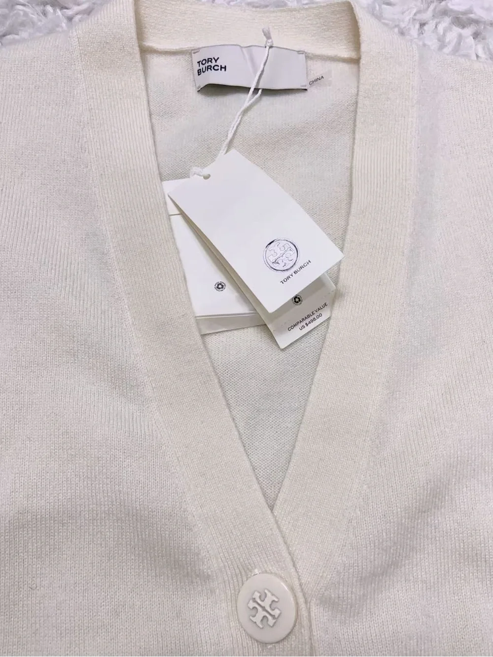 NWT $498 Tory Burch 100% Cashmere V-Neck Button Cardigan Sweater Ivory Sz S